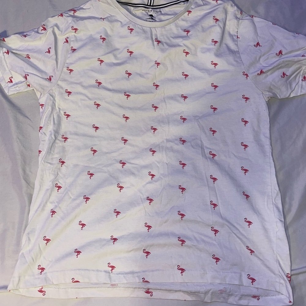 Mens Denim & Flower White Flamingo Pattern Short Sleeve T-Shirt